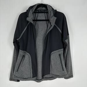 Athleta Jump Step Jacket Black Grey Long Sleeve Optional Hooded Active Jacket Lg